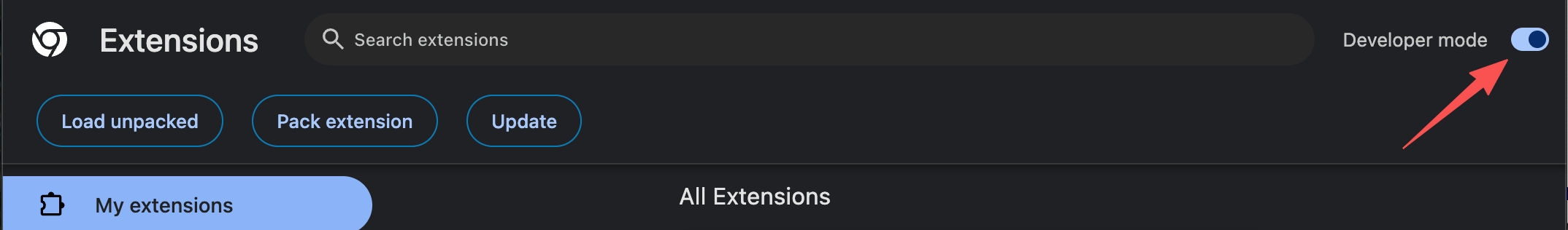 Activar el modo desarrollador en la página de extensiones de Chrome